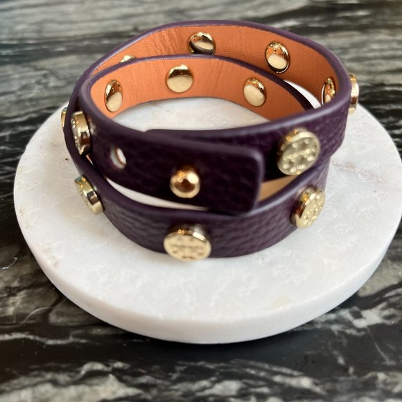 Designer TORY BURCH Leather Logo Stud Double Wrap Bracelet - Picture 4 of 4